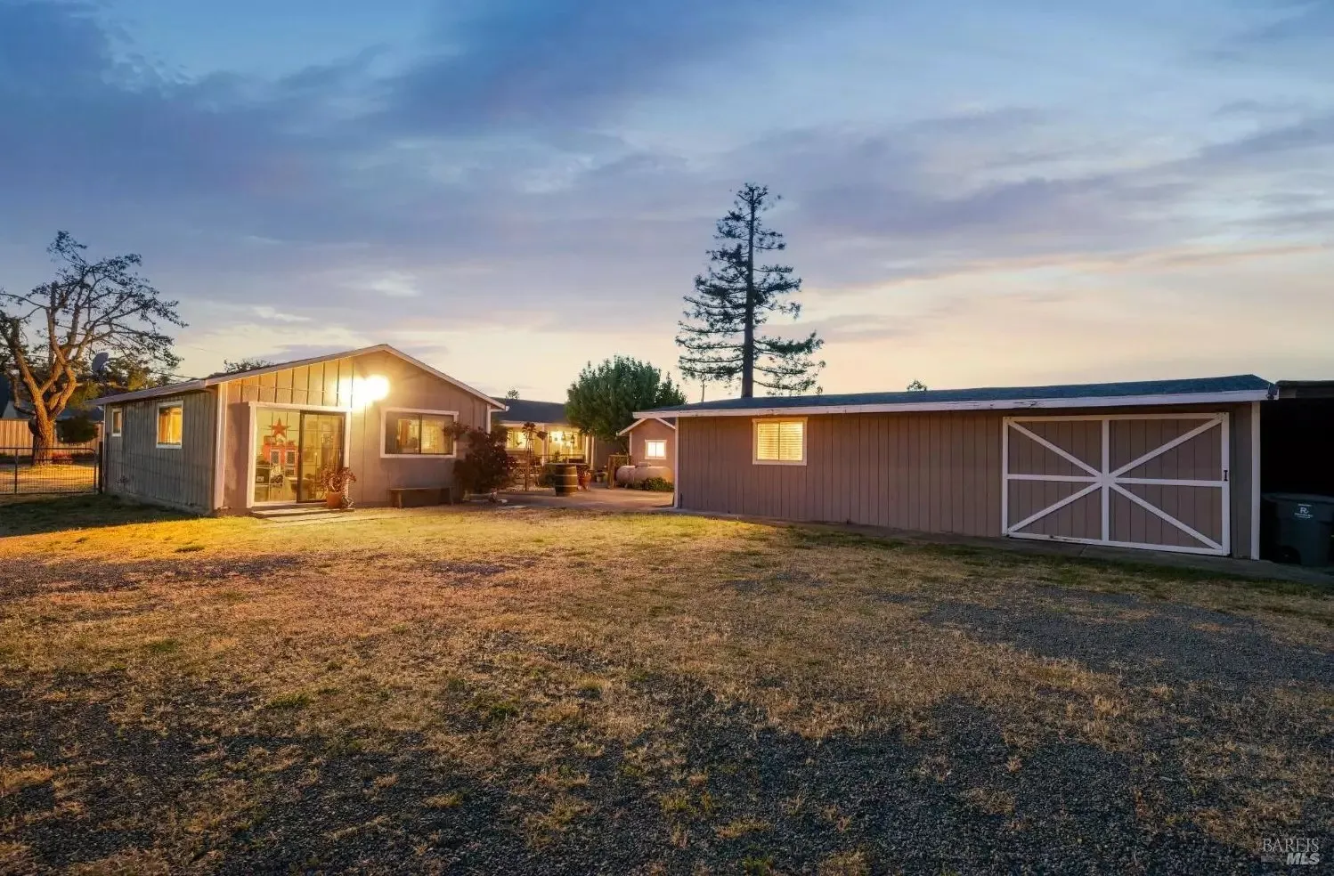 Workshop and outbuildings at dusk