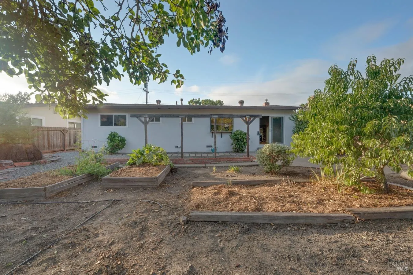 Backyard with raised garden beds and rear of the single-level home